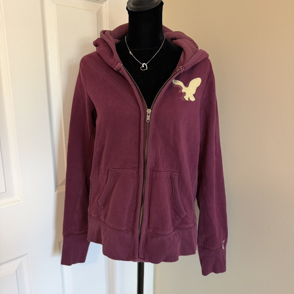 Vtg Y2K American Eagle Wine Zip Hoodie L w/ polka dot lining Academia Preppy